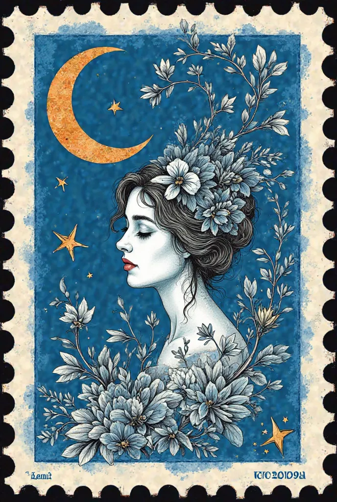 postage stamp in blue that has the image drawn inside with a few lines, two brown with crescent moons, and that covers the entire stamp