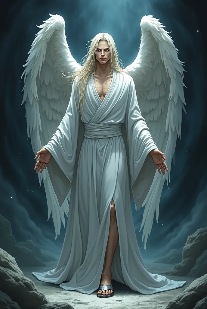 A male angel, his long silvery blonde hair flowing down to his hips like strands of moonlight, contrasts sharply with the abyss around him. His piercing grey eyes, cold and merciless, glimmer with an unsettling malice as he smirks, lips curling in wicked s...