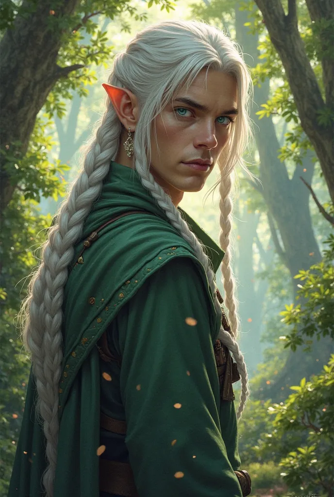 adult male druid elf with heterochromia, being a green eye and a blue, with long silver braided hair