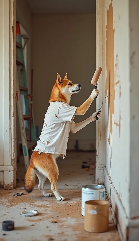 "The Shiba Inu dog is inside a renovated house, in the middle of a chaotic and incomplete environment. on the ground, there are paint cans scattered, some open, and a ladder leaning against the background. The dog is still wearing the same old white t-shir...