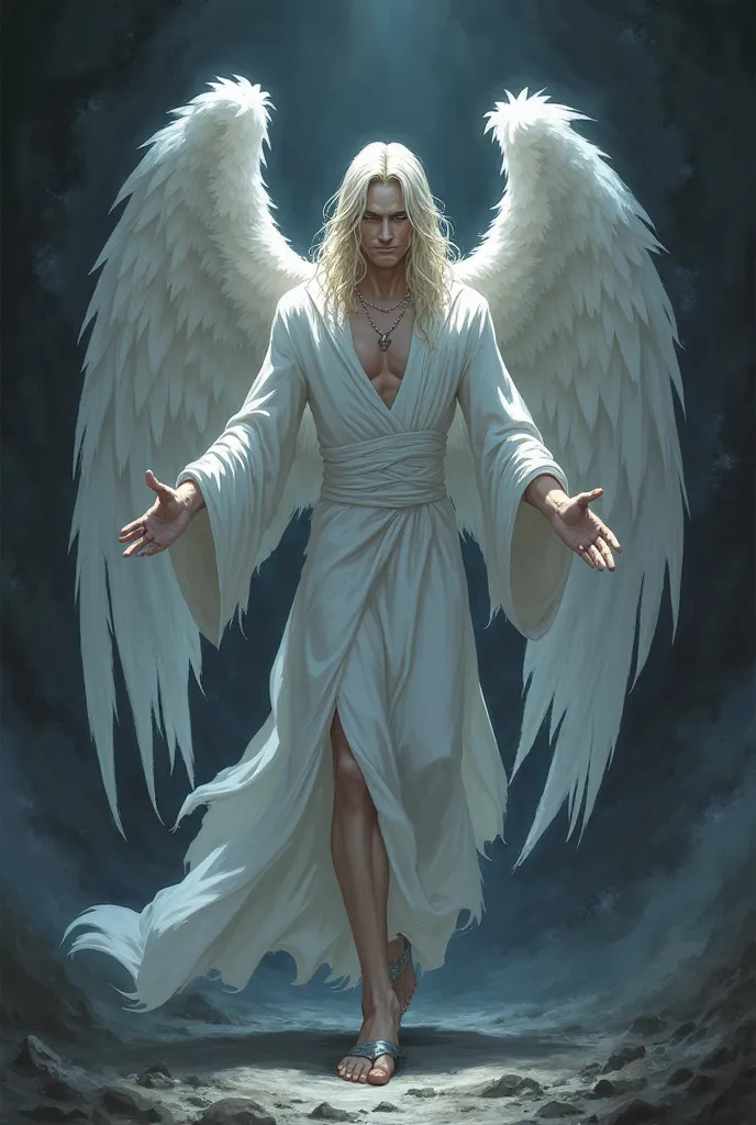 A male angel, his long silvery blonde hair flowing down to his hips like strands of moonlight, contrasts sharply with the abyss around him. His piercing grey eyes, cold and merciless, glimmer with an unsettling malice as he smirks, lips curling in wicked s...