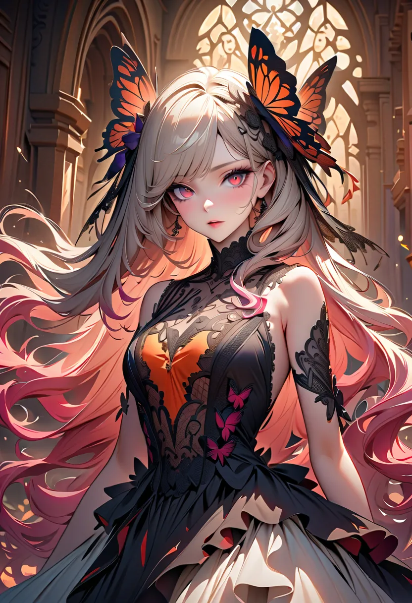 (masterpiece)、(Top quality)、(Highly detailed CG illustrations）、Official Art、1920s Style, (Platinum Blonde hair, Crimson eyes, long hair, Pink hair, gradient hair,Cruel beauty、Gorgeous、gorgeous、White lace、Gorgeous dress、Jewelry、Butterfly pattern、Orange unde...