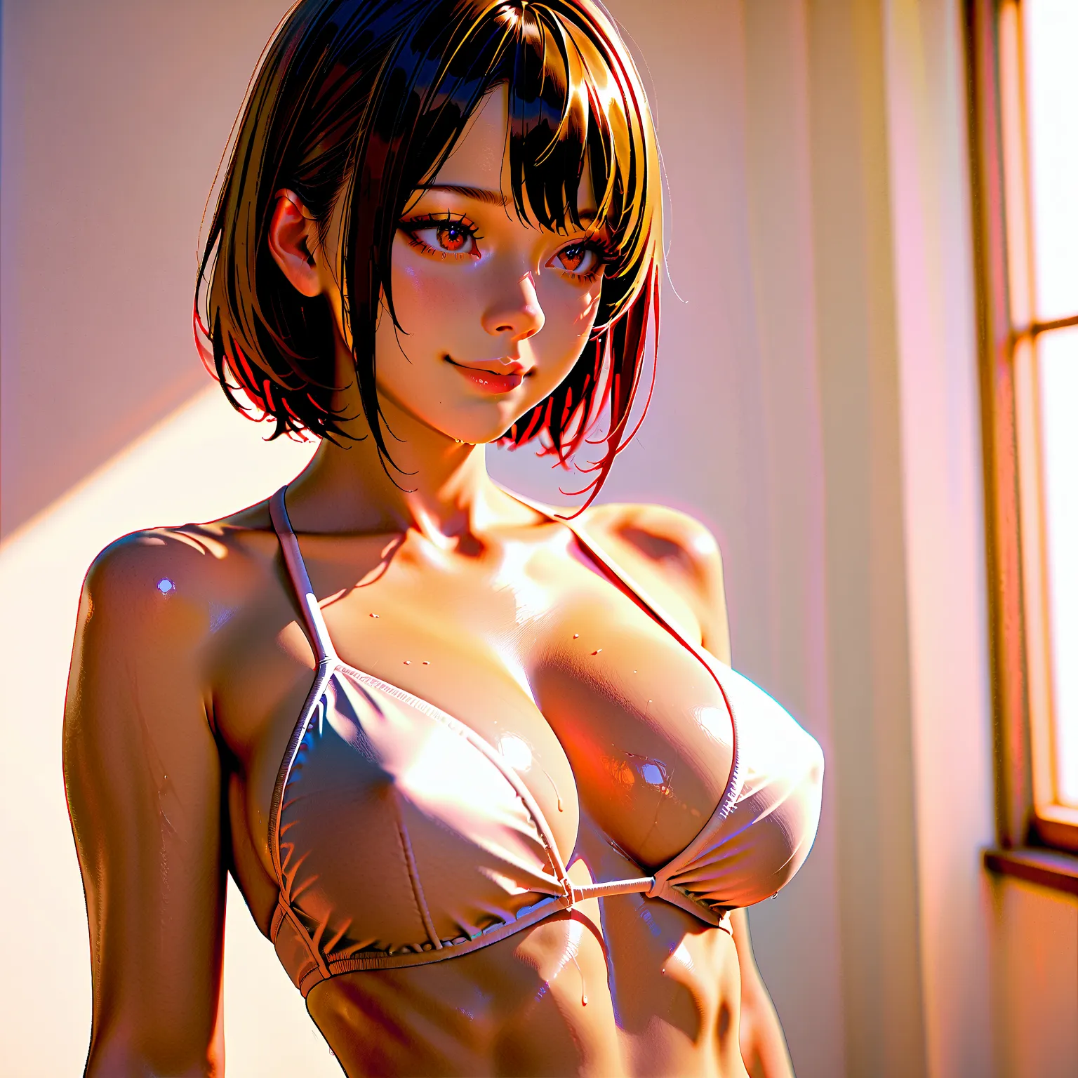 masterpiece, ultra-detailed, highest quality, stunning visuals, ((perfect anatomy, ultra high resolution, RAW photo realism, 8K, hyper-detailed CG, photorealistic artwork:1.3)), fit, slender, athletic young Japanese woman, 20 years old, short black layered...