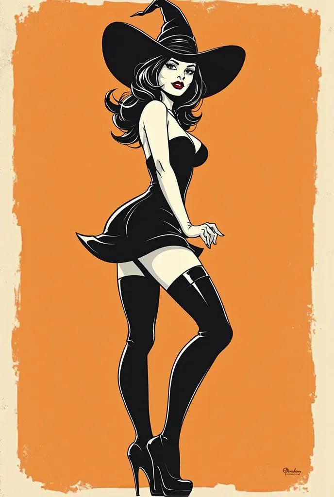  stickers , ( vector illustration , Vector Style, (Frank Miller style:1.4)), (black and white orange),(black ink, flat color:1.5), retro pin-up style, retro pin up rockabilly witch, 1 person cartoon style pin up witch,  dress like a rock and roll girl,  fu...