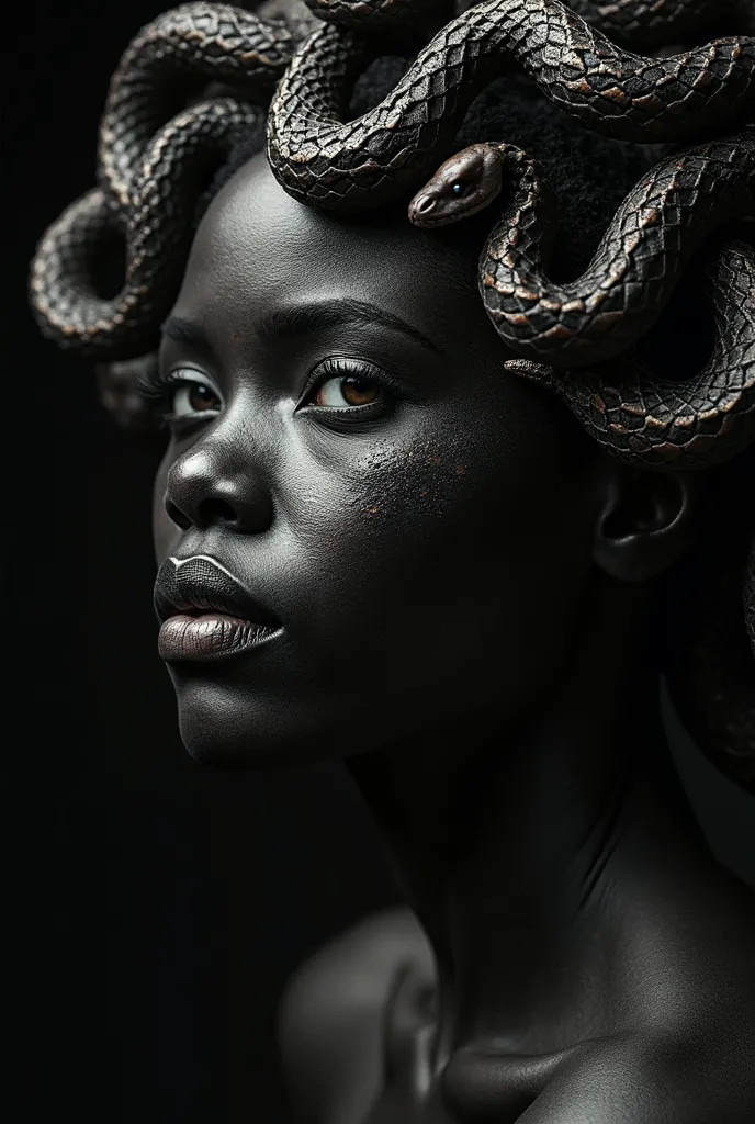 
"A young black woman with very dark skin, Medusa's multi-colored, furta-cor. the delicate face, with snakes curling around your head in a beautiful and seductive way, realistic way. The scaly texture in detail, Showing details in the eye, with deep shadow...