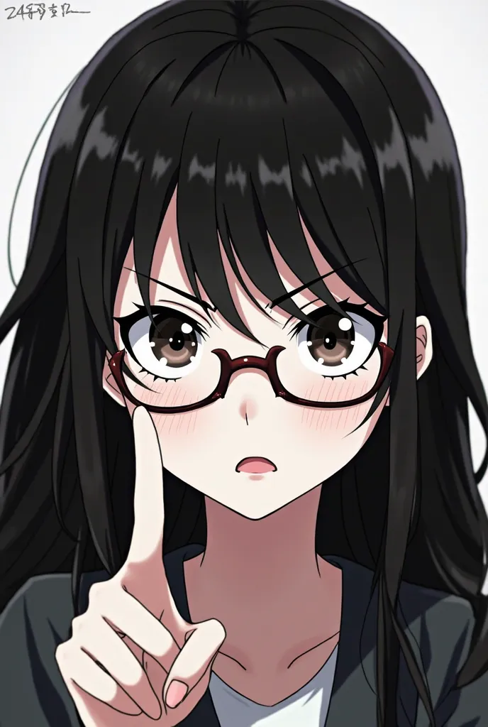 I want a female anime with glasses and long black hair,white skin, with one hand pointing forward and the other holding the glasses, With an angry face shot of the image has to be from the front angle upwards