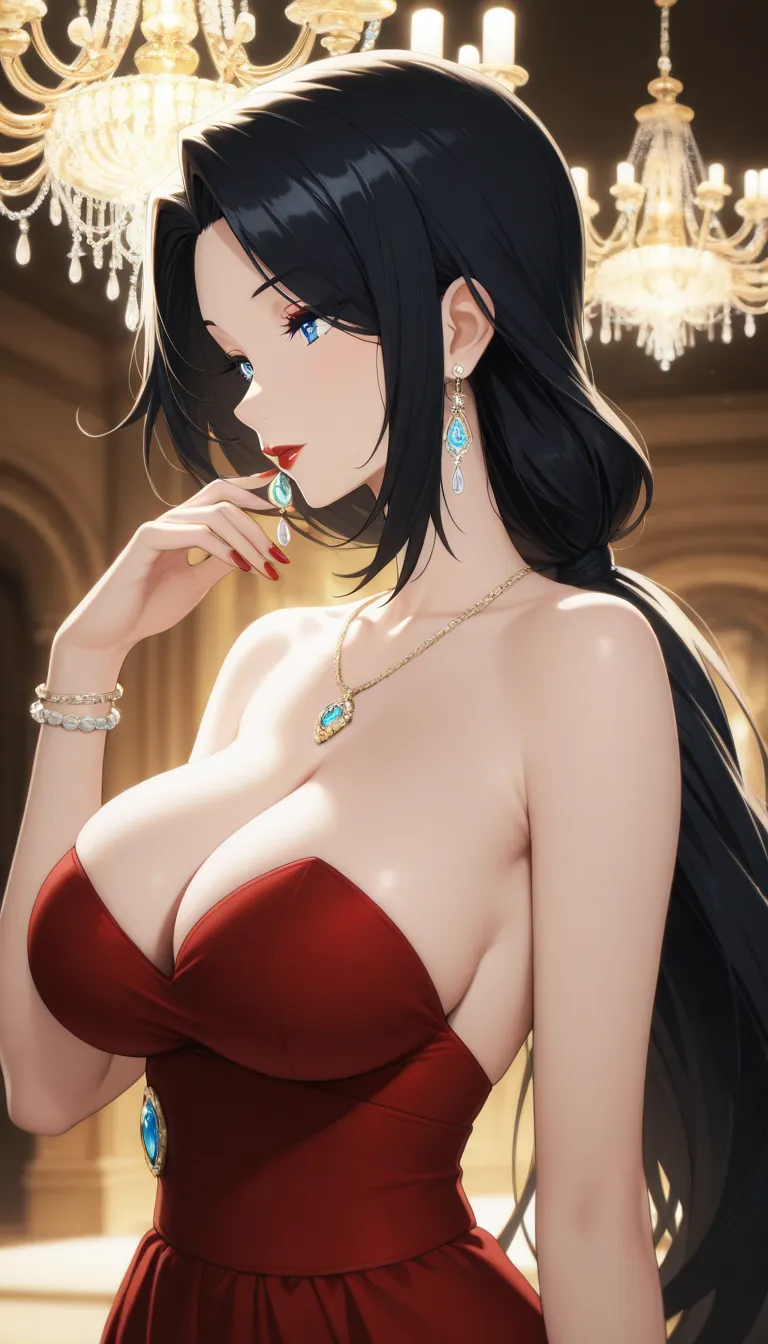 Masterpiece, elegant mature woman  , blue eyes eyes,  tall body, upper body, dynamic lighting, ultra detailed, highres, absurdres,   style, newest, long big oversized chandelier earrings ,red lipstick, Cleavage,makeup,black hair ,necklace, bracelet,long ha...