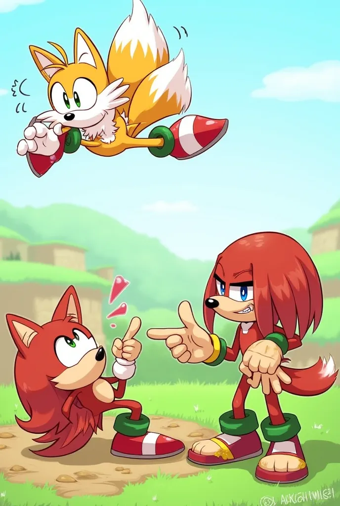 A humorous and exaggerated illustration of Tails floating in the air with his twin tails spinning, covering his mouth with one hand as he tries to hold back laughter. His eyes are slightly squinted, and he has a playful smirk as he looks at Knuckles. Knuck...