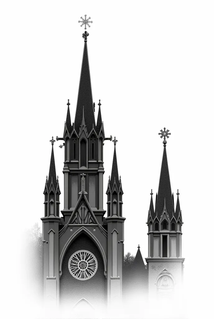 A detailed black-and-white sketch of a Gothic cathedral with tall spires, intricate architectural details, and a prominent rose window, high contrast, minimal background.