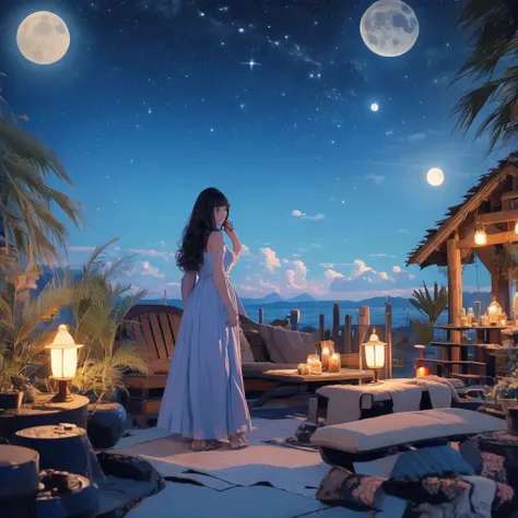 best image quality,  surrounded by 1980s style animated ,long haired woman with dark hair , I'm wearing a long dress that hides my fluffy legs,  full body ,magic, amazing, night sky, moon, star, background, ( Bill Sienkevich Style Simple Oil Painting)back ...