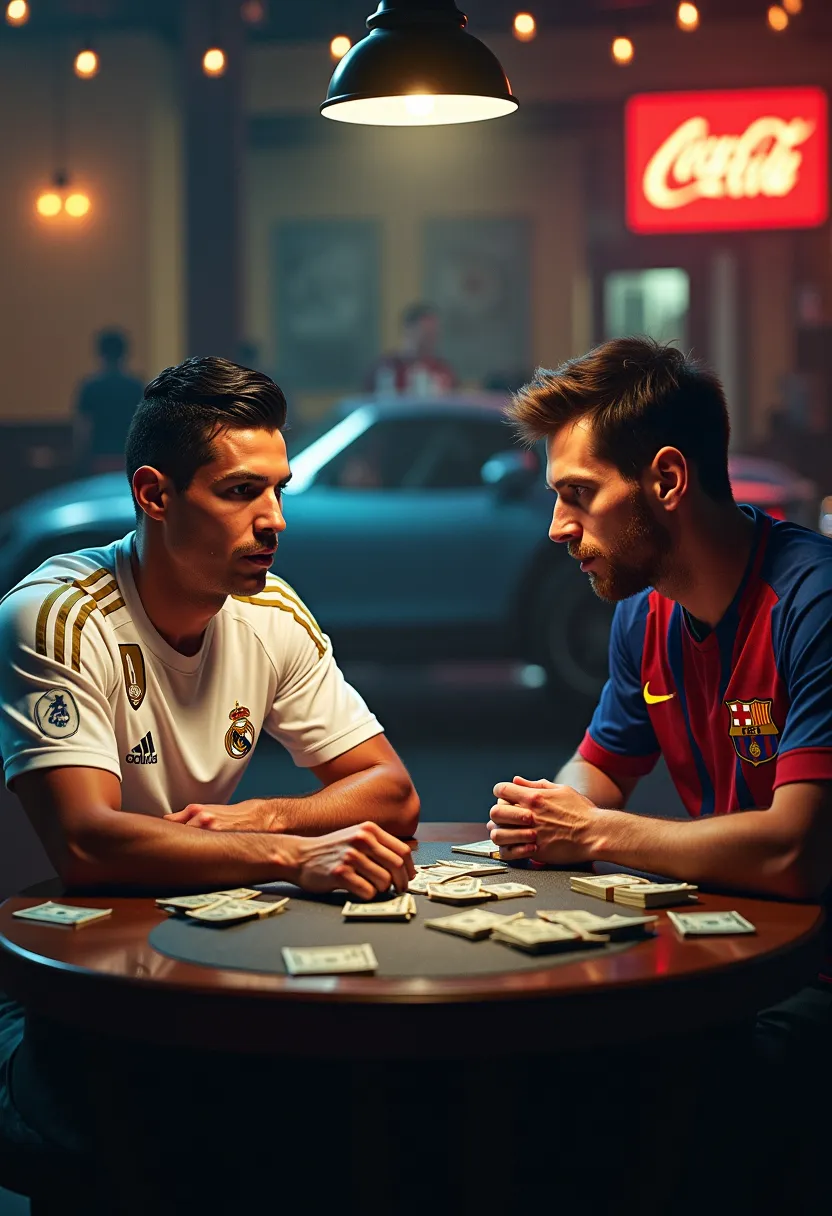 Cristiano ronaldo is wearing white Real Madrid jersey. Messi is wearing Barcelona jersey. Messi and Cristiano Ronaldo are in a bar, sitting, betting, winning money and even a car