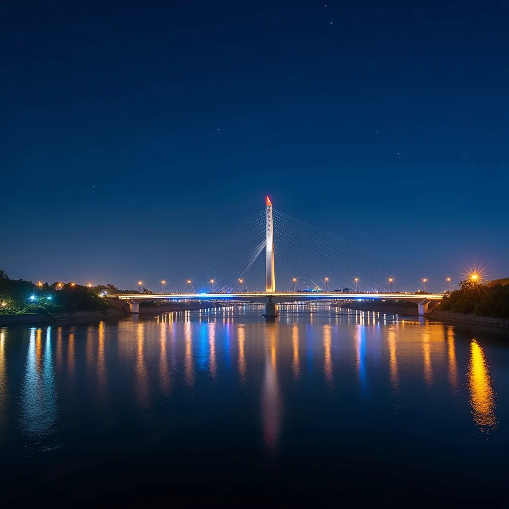 Cao Lanh Bridge shimmering at night
✅ [Topic]: Modern bridge across the Tien River
✅ [Action /posture ]: Vehicles moving on the bridge, water reflective lights
✅ [context]: starry night sky, Distant city sparkling lights
✅ [ light & Colours]: The blue and ...