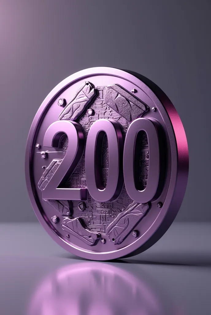  realistic dark lilac metallic coin of a three-dimensional denomination or value of 200