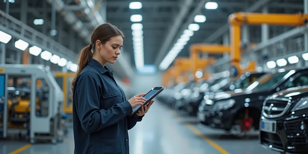 Woman Using Tablet To A Car In Factory Settings Background 3d