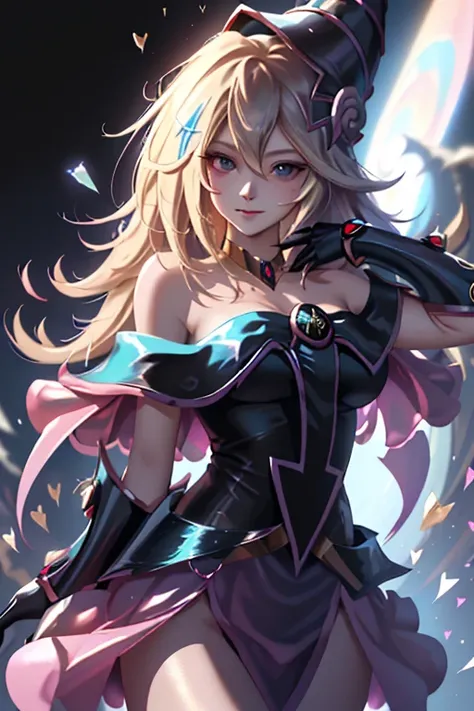 (masterpiece, best quality photo; 1.3), extremaly detailed cg,  Ultra - detailed, 1 black magician girl, Alone , smile, looking at the spectator, Elegant Unger, long golden hair, blue eyes,
sv1, Dark magician girl uniform,  elbow length gloves, hull, The s...