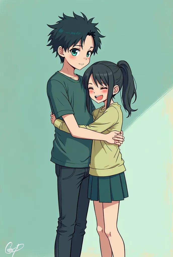 a cartoon picture of a boy and a girl hugging, tall anime guy with blue eyes, at pixiv, in an anime style, in anime style, 2 d anime style, top rated on pixiv, cyan and green, pixiv, trending on pixiv, pixiv style, cute anime style, cute anime, popular on ...