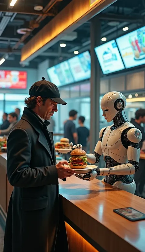 Sherlock Holmes em um McDonald's futurista, using their characteristic beret, taking a hamburger from a counter served by humanoid robots. The environment is realistic and futuristic, screens with glass walls and digital panels displaying the menu and prom...