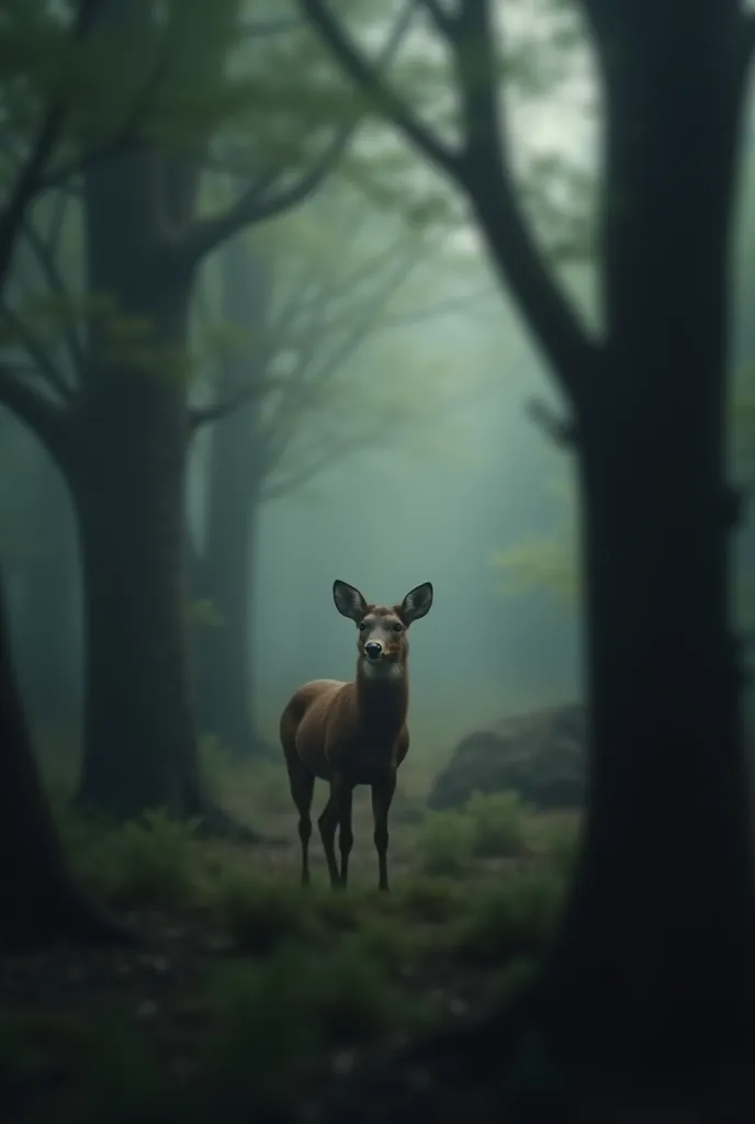 A softly blurred image of a forest animal—such as a deer, fox, or owl—standing quietly among trees in a dense woodland. The entire scene is out of focus, with no sharp details, giving it a soft, dreamy, and slightly surreal appearance. The animal’s form is...