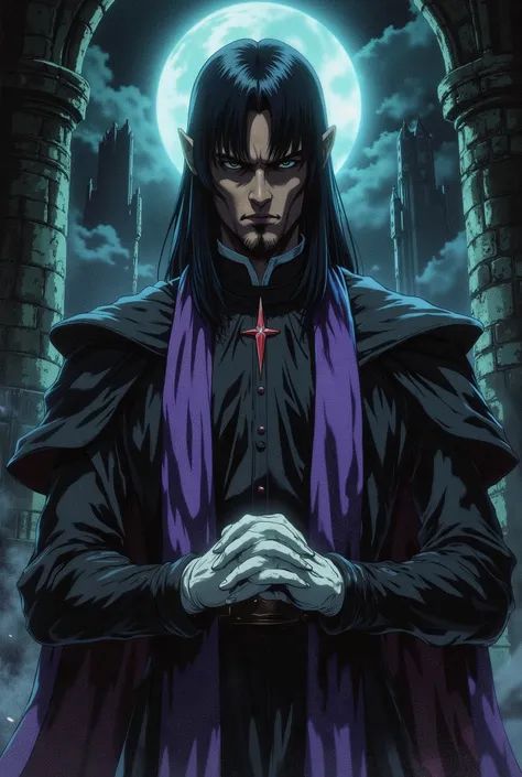 dark-skinned man, black hair cut low on the sides with long bangs covering his left eye, pointed goatee, wearing a black priest's outfit, white gloves, purple clerical stole hanging around his neck, serious, inside a Dark castle
