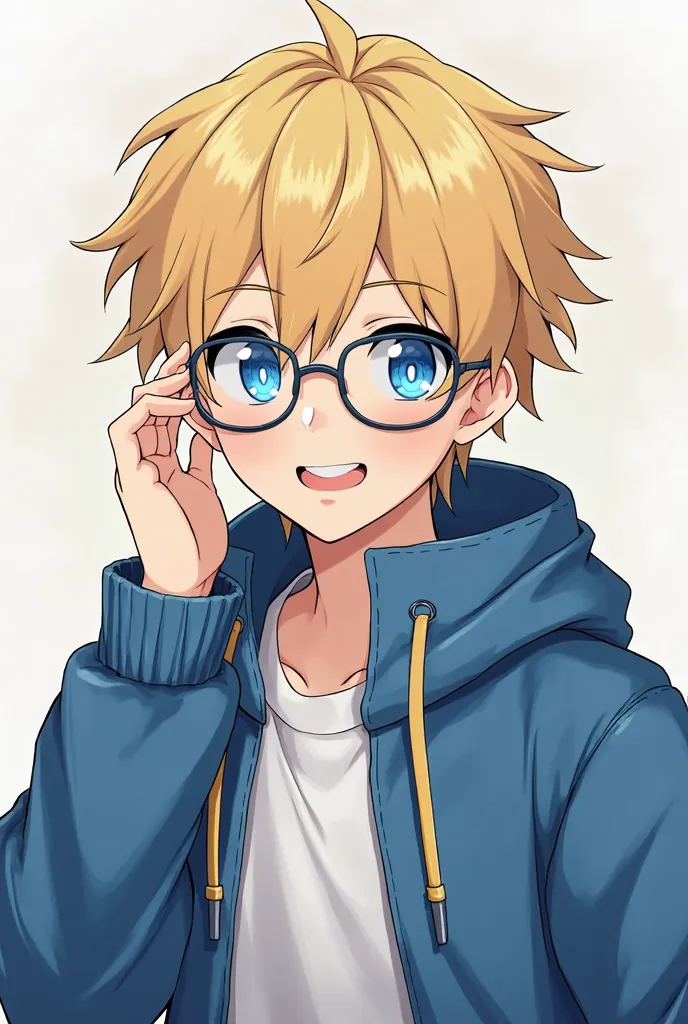 anime boy with blonde hair and glasses wearing a blue jacket, inspired by Rei Kamoi, in an anime style, anime style character, male anime style, with short hair, tall anime guy with blue eyes, cute anime style, in anime style, blue eyes and blond hair, blo...