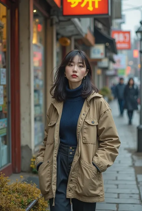 8K ultra-clear image quality film, grainy, 34-year-old, light-mature woman, old city street, fading brand, cement flower bed, dead yellow weed, beige, brushed work jacket, slightly open, navy blue thread, turtleneck bottoming shirt, naturally undulating ch...