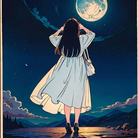 best image quality,  surrounded by 1980s style animated ,long haired woman with dark hair , I'm wearing a long dress that hides my fluffy legs,  full body ,magic, amazing, night sky, moon, star, background, ( Bill Sienkevich Style Simple Oil Painting)back ...