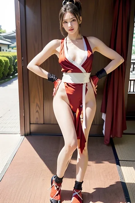 mai shiranui, (Full body:1.6), (black satin tabi:1.3), (wearing fitted black tabi:1.5), (Photo realistic:1.2), (masterpiece:1.2), (Best Quality), (ultra-detailed), (8K, 4K, Convoluted), (Flat Lighting:1.2), (skinny), Prestige, Brown eyes, Long brown hair, ...