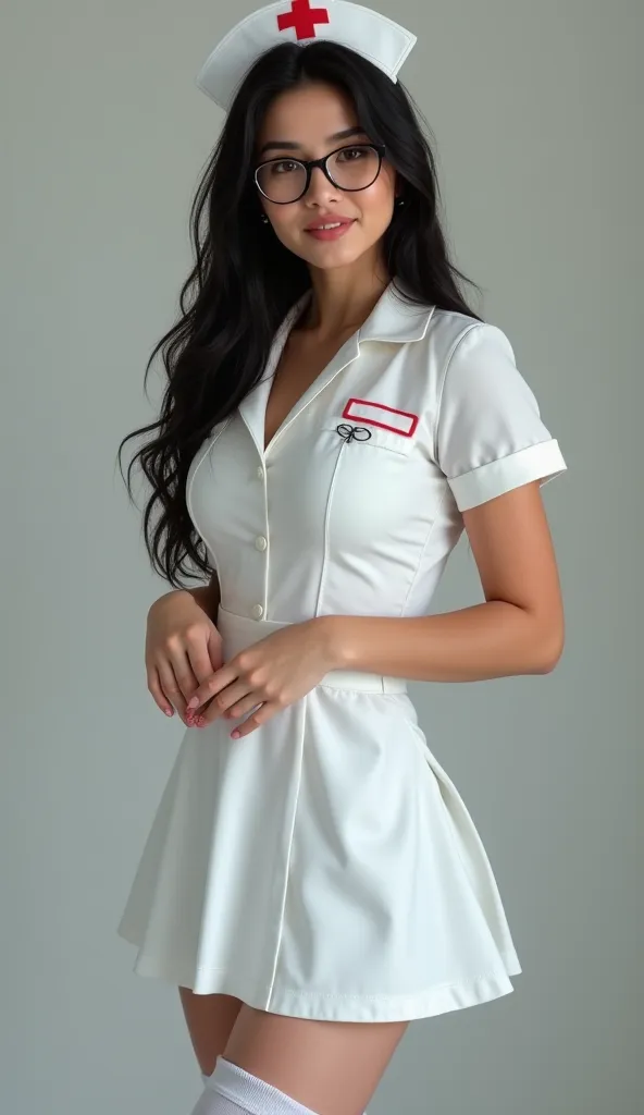 Stable and young hyperrealistic Colombian woman with black hair, hazel eyes, soft lips, full lips, soft leather, innocent smile, marked details, full body foot skirt, sexy, white stockings,  nurse costume, SEXY NURSE,  Sexy Nurse, Hot Nurse, seen from afar...