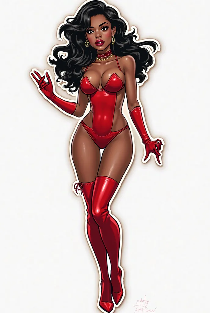  stickers , ( vector illustration , Vector Style, (Frank Miller style:1.4)),1 American Girl、My teeth are beautiful、nipples, Gold、 dark skinned woman, Red leotard、star shaped bra、 red long gloves 、 red choker with pink inside、Red thigh-high boots, red garte...