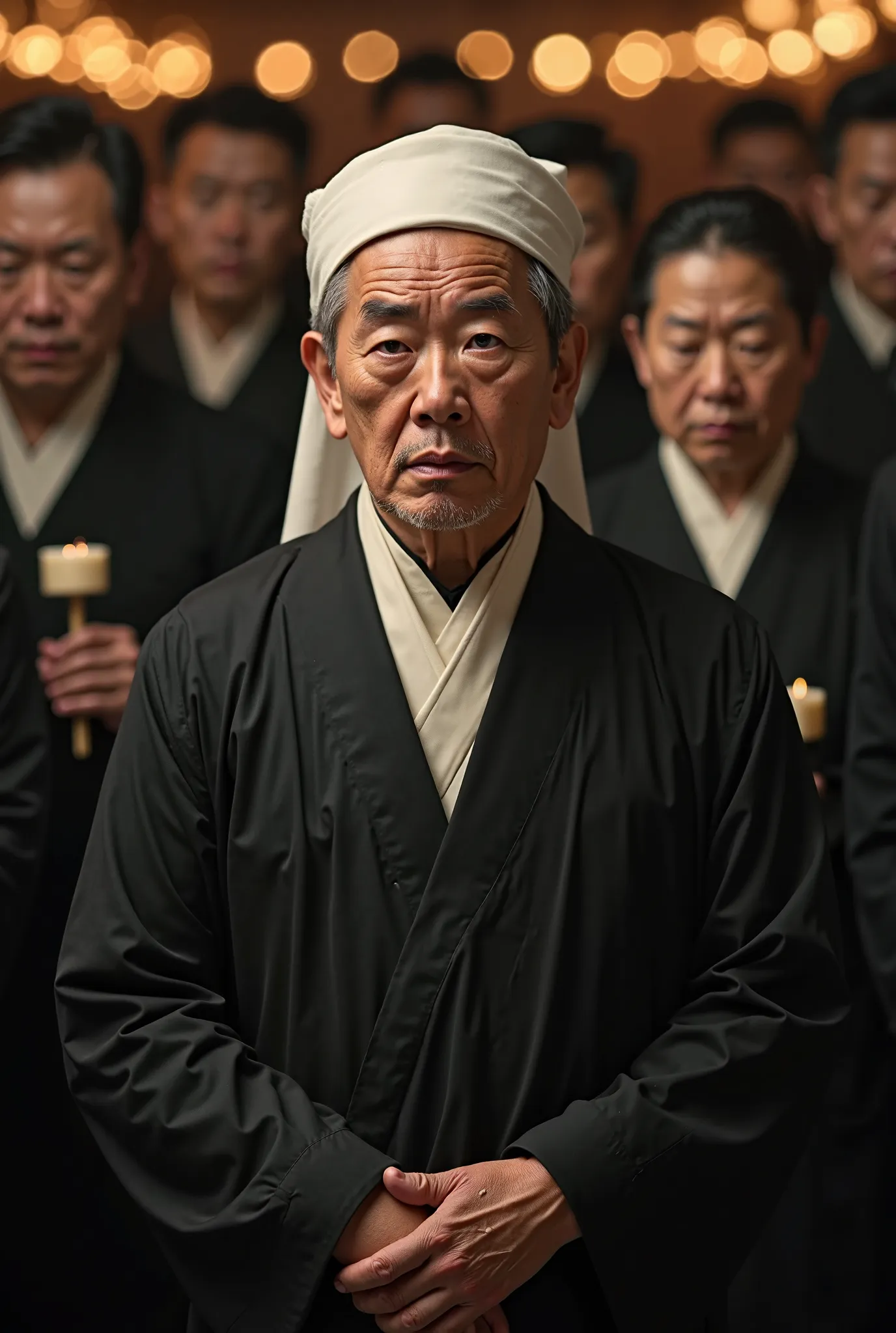 A middle-aged Chinese man (40-50 years old) stands at his father’s funeral, looking directly at the viewer with a grief-stricken yet composed expression. He wears a traditional black mourning robe, slightly wrinkled, as if worn for days. A white mourning s...