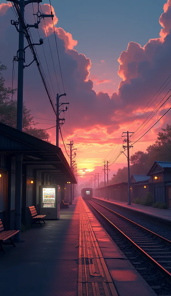 (photorealism:1.2), "Ultra-realistic anime-style scene showing an old train station platform during sunset. The platform is empty except for a few benches and a vending machine glowing faintly. The sky is filled with vibrant shades of orange, pink, and pur...