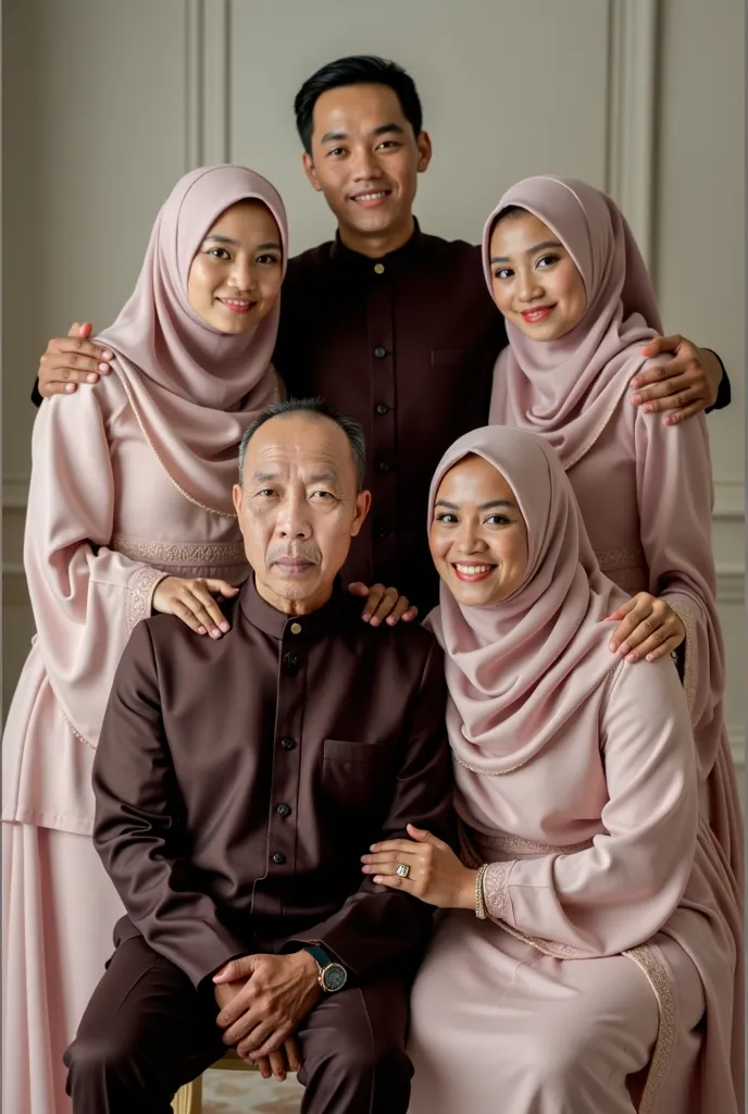 A formal and elegant Indonesian family portrait featuring five members posing in a well-lit studio with a soft white background. The father, seated at the center, wears a dark-colored Muslim outfit with a matching peci, exuding wisdom and authority. The mo...