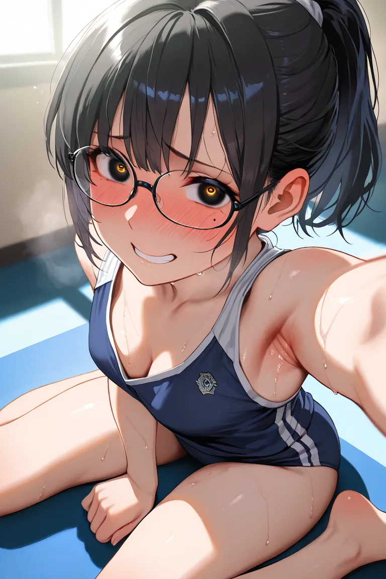 masterpiece, 8k, school, no shoes, bare feet, ponytail, black hair, sweat stains, school gym ware, glasses, (mole under the eye:1.0), (wariza:1.5), 1girl, Cleavage, sweaty armpits, thin chests, small breasts, close-up face, Dynamism, unrealistic beauty, en...