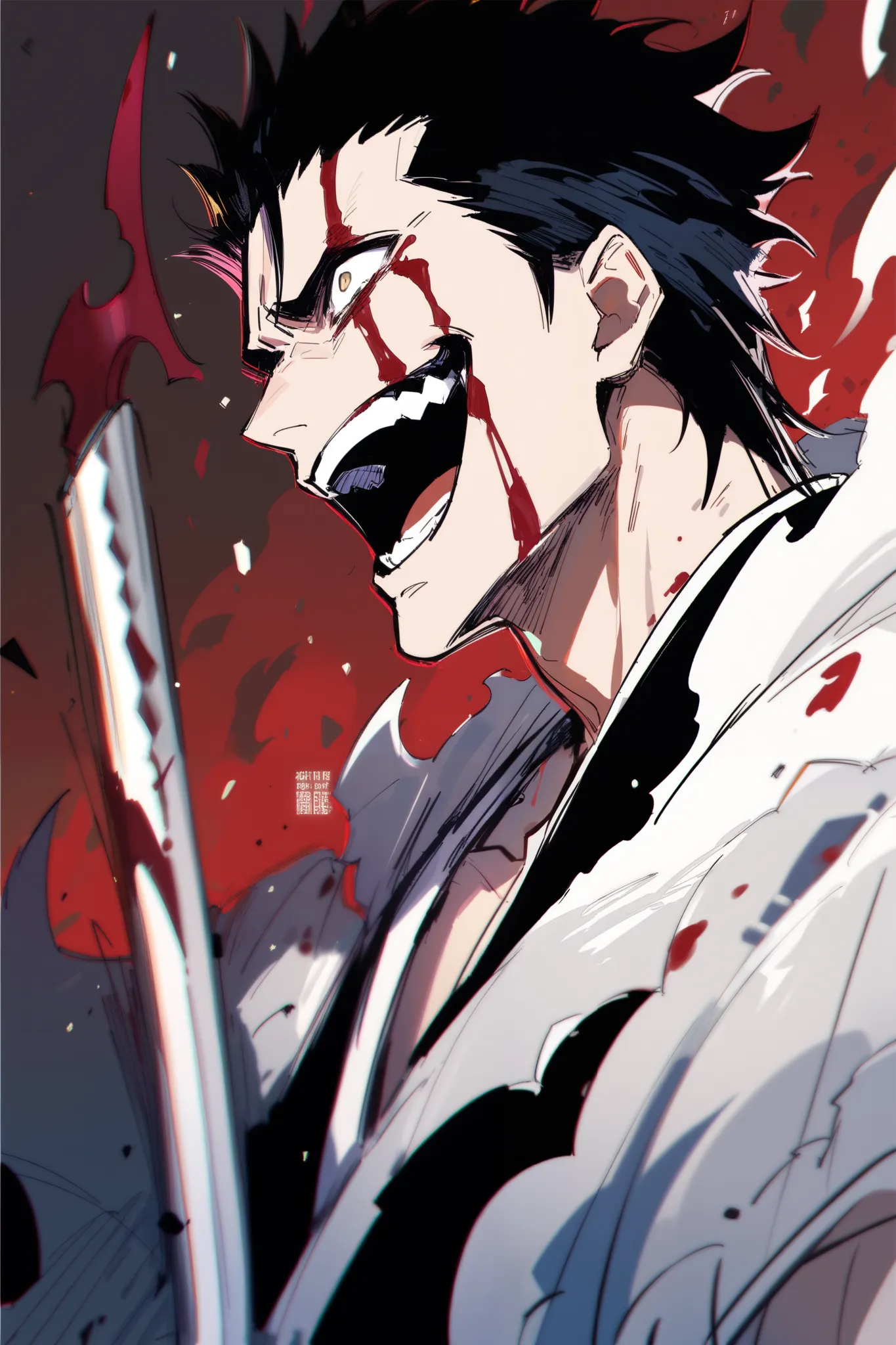 Kenpachi Zaraki Bleach, Yellow hard aura, Chipped sword, Scary laughing, Sketch, A lot of shadows, Blood, Dark fantasy, dark hair, blindfold on eye