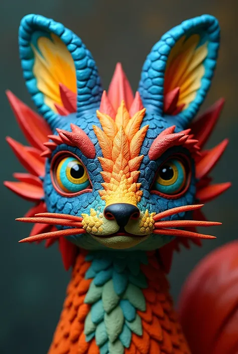 Create an Alebrije face where the shape of the face is the face of a fox with an elongated nose, The ears must be axolotl's ears, three on each side of the head and the mustaches with quetzal feathers, And the rest with the colors and shape of Alebrije