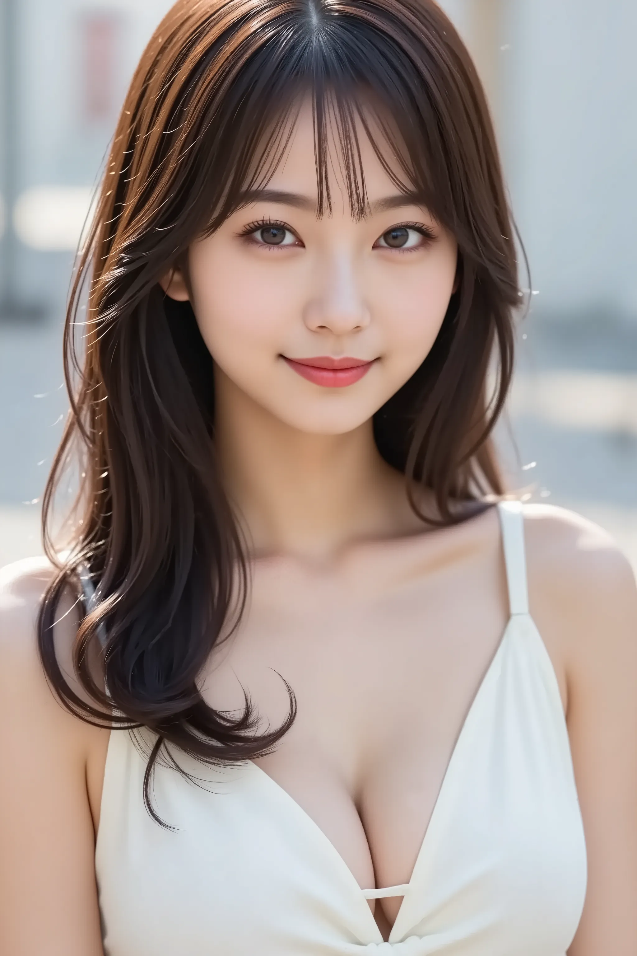 The face is positioned exactly in the center of the image , 's entire head is fully reflected , The entire face and head are clearly visible, bungs, smile, Young and cute Japanese faces , Hi-Res CG Unity 8K Wallpaper, in white for summer very detailed, Fil...