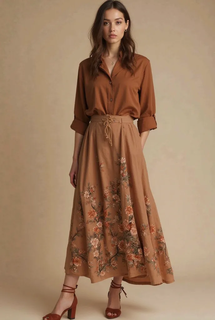 skirt that is coffee colored with floral printed design with coffee colored shirt on top tucked in