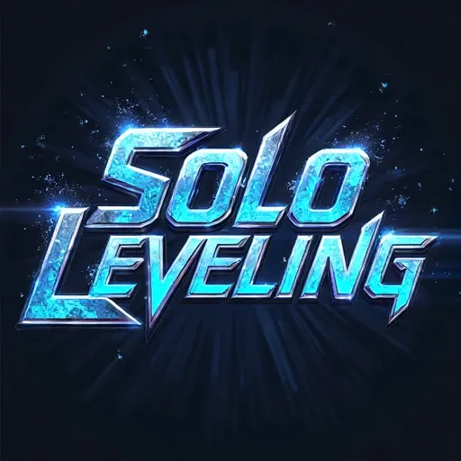 "Create a glowing, bold, futuristic text design with the words 'Solo Leveling' in a sharp, angular font. The letters should have a dynamic, battle-worn feel, with metallic textures and glowing blue highlights. Use high contrast with dark shadows around the...