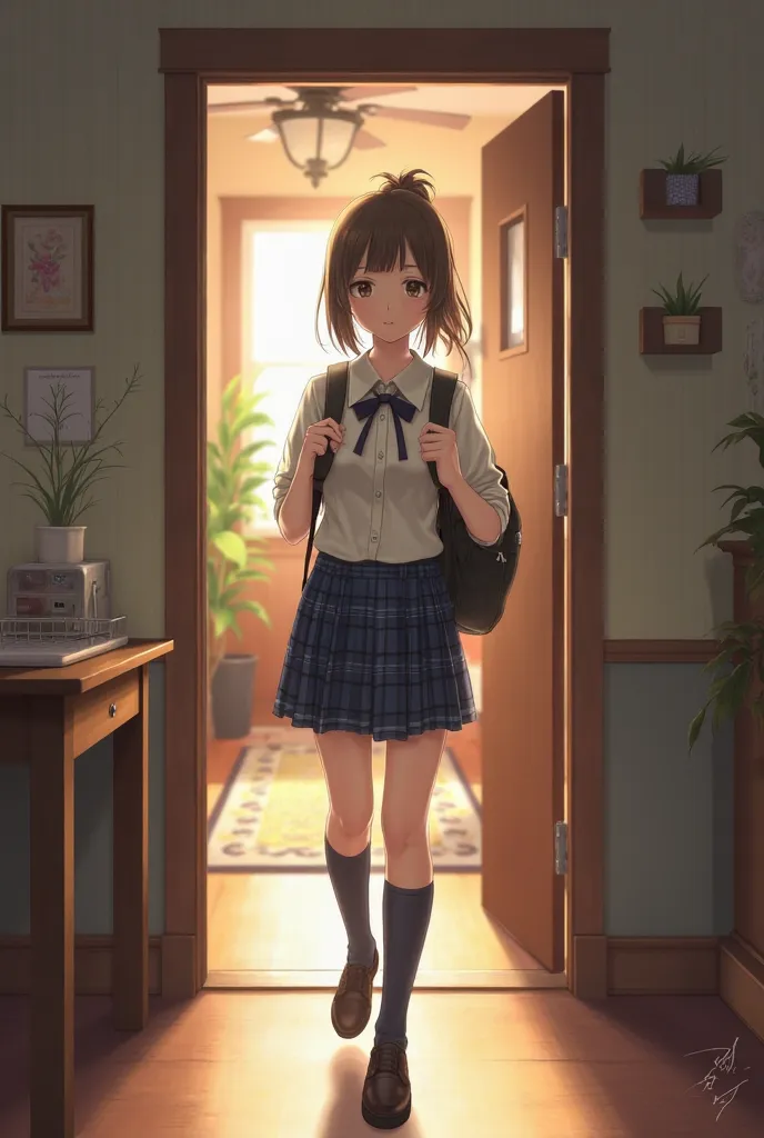 A female student comes home from school