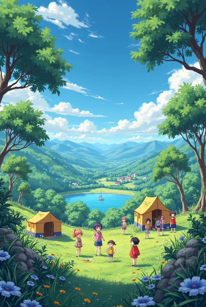 Anime summer camp,  anime wallpaper 24k UHD hdr, Ghibli style, panorama, hyperdetailed, summer breeze, large clouds, aesthetic,