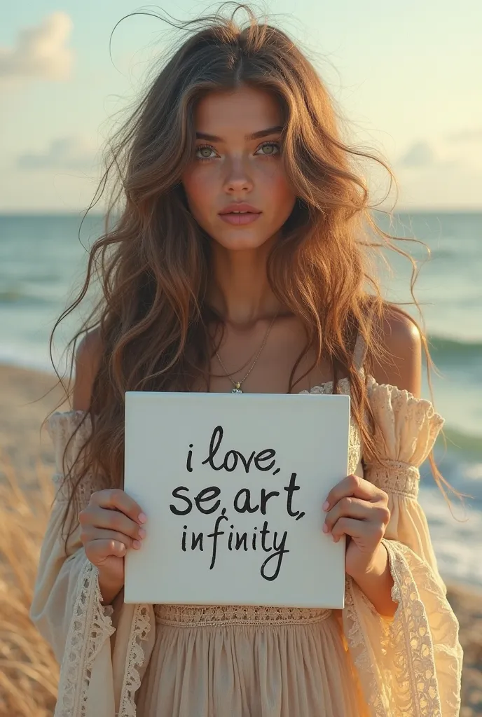 Beautiful girl with long wavy hair, bohemian dress, holding a white board with the text " I Love Seaart Infinity " and showing it to the spectator