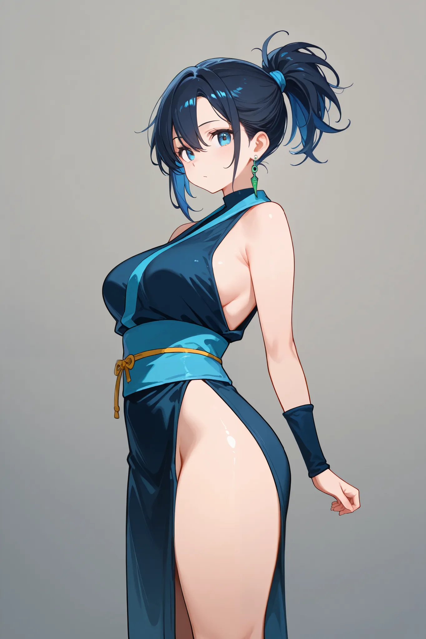 1 girl, Hair tied in ponytail, Black hair with some blue hair on the edges., blue eyes, but not bright, curvy body, wear a sexy kunoichi outfit, หน้าอกไซส์ปานกลาง, have a sliver earrings.