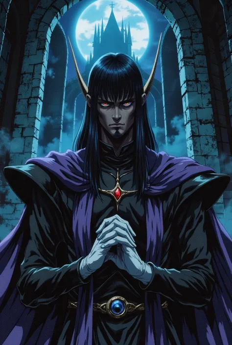 dark-skinned man, black hair cut low on the sides with long bangs covering his left eye, pointed goatee, wearing a black priest's outfit, white gloves, purple clerical stole hanging around his neck, serious, inside a Dark castle