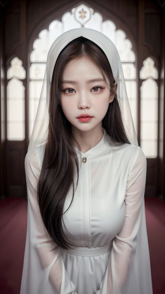 Pale milky white porselin skin lady, a close up photo, mature woman, elegant, like jennie kim face, dark brown hair, straight long hair, grey eyes, solo, wearing red abaya with hijab, at amazing mosque,high quality cg, 8K resolution, Sharp photo, pink lips...