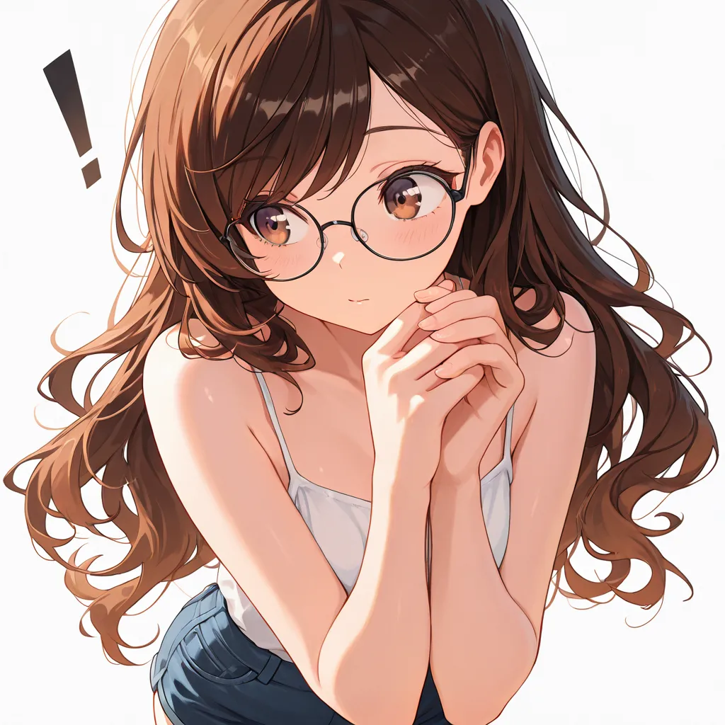 (masterpiece:1.2, Best Quality), (finely detailed beautiful eye: 1.2), (beautiful detailed face),solo, long wavy brown hair, swept bangs, brown eyes, glasses, thin, stoic, exclamation point, white spaghetti strap shirt, blue jean shorts, white background, ...