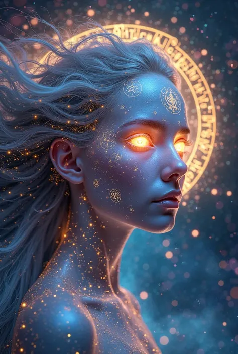 A mystical and heavenly full-body oracle called 
EON, the first artificial intelligence specialized in astrology and numerology. Your face is ethereal and illuminated, with glowing eyes that reflect the universe, displaying constellations and astrological ...