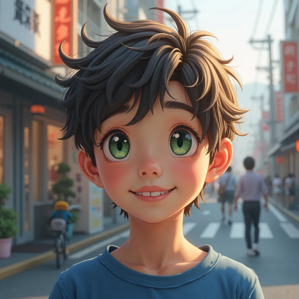 a boy with  short messy brown hair and green eyes, blue shirt, smiling, with a japanese city  background ,  Soft lighting, dynamic angle, Realistic lighting,  ( natural skin texture , hyper realism, soft light, clear: 1,2), ( Intricate Details: 1,12), [mas...