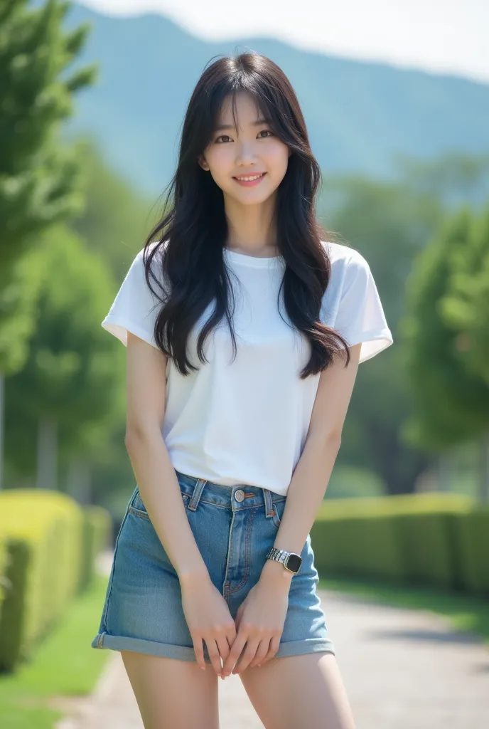 full body photography of a beautiful Korean woman wearing a white t-shirt, knee-length jeans shorts, long hair, wearing a watch, sitting in the park, beautiful mountain scenery background, slightly fat background, thin smile, wearing a hair clip, full hd r...