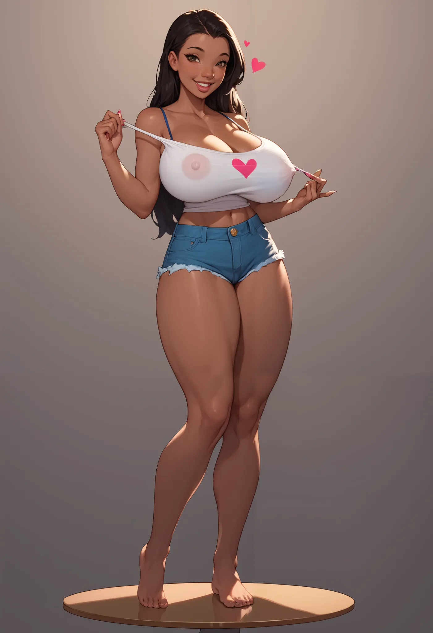 naniwaifu, (masterpiece), best quality, dark skin, smile, breasts, huge breasts, gigantic breasts, , hanging breasts, camisole, heart on shirt, shirt graphic, aroused, lusty, seductive, poking nipples, standing, blank background, denim cutoffs, facing view...