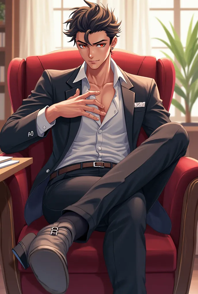 Anime handsome man , he's teacher , wearing fancy short and pant sitting on chair while his feet on table , holding a paper on his hand looking sharp, his hair is stylish 